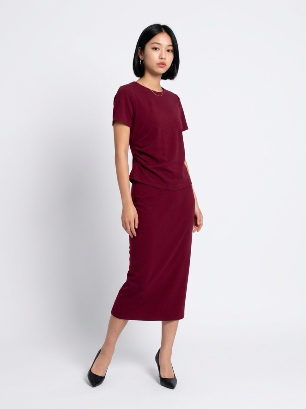Alexia Admor Short Sleeve Midi Dress in Deep Wine Red